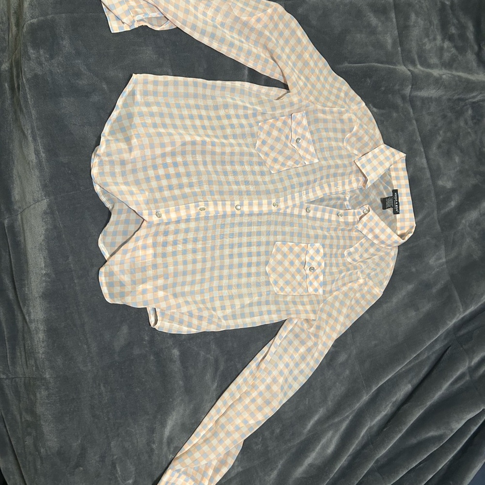 About A Girl Peach and Blue Checkered Shirt